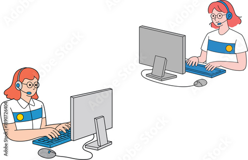 Professional female customer service representative characters wearing headsets working on computers for global technical support help desk and telemarketing flat vector illustration