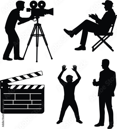 Professional film production silhouette set with movie director camera operator actor clapperboard and producer for cinema industry