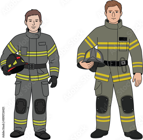 Professional firefighter characters set in protective uniform holding helmets for fire safety rescue emergency services and heroism concept flat vector illustration
