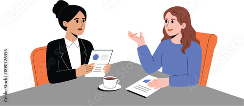 Professional job interview vector illustration featuring two women discussing a resume during a business meeting with a speech bubble and coffee cup in a flat design style