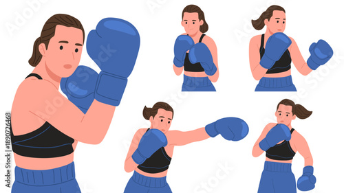 set of a strong female boxer wearing boxing gloves in various fighting and training poses. Perfect for fitness, boxing training, self-defense, women empowerment, sports concepts, gym promotion, poster