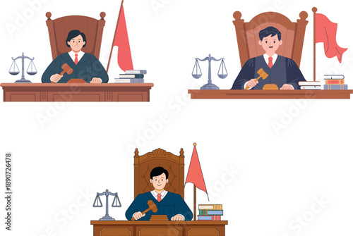 Professional judge character sitting at courtroom desk with gavel and scales of justice flat vector illustration set for legal services and law concepts