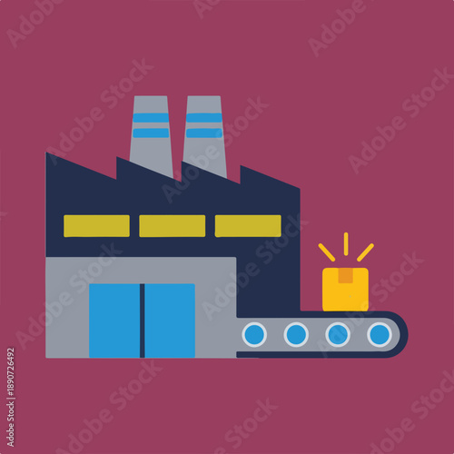 A stylized illustration depicts a factory building with two smokestacks and a conveyor belt exiting it, carrying a bright, glowing package.