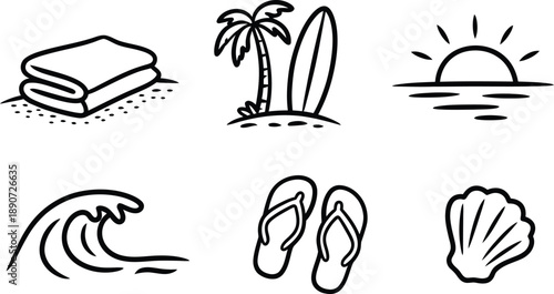 Collection of Summer Beach and Vacation Towel, Palm Tree, Surfboard, Sun, Wave, Flip-flops, Seashell