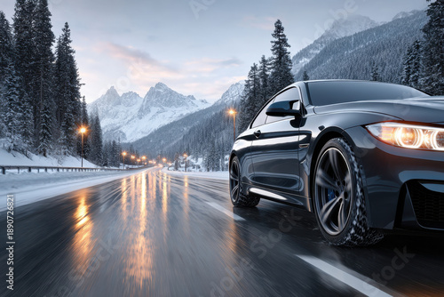 Winter tire. SUV car on snow road. Tires on snowy highway detail. close up view. Space for text. The concept of family travel to a ski resort. Winter or spring holidays adventures.