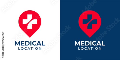 Medical and Health Care Pin Maps Logo Design Icon Vector. Plus Cross Maps and Location for Medical Center. Modern Minimalist Health Medical Logo.