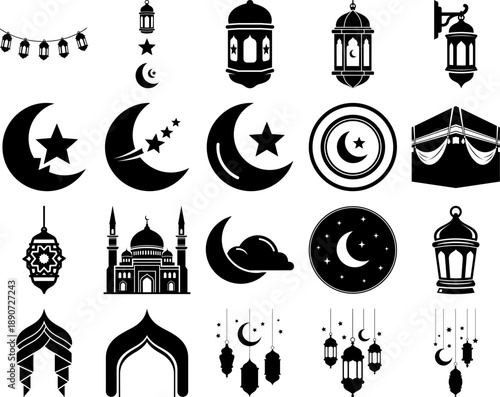 Mega Collection of 20 Islamic ramadan Icons featuring Detailed Kaaba Crescent Moons with Stars Mosque Silhouette Ornate Lanterns and Decorative Hanging Ornaments