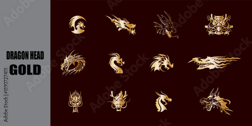 Collection of golden dragon head silhouettes in various tattoo and emblem styles. luxury fantasy art.