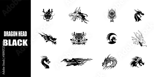 Collection of black dragon head silhouettes in various tattoo and emblem styles. Fierce mythical dragon designs.