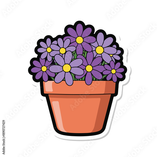 A cartoon potted plant with purple flowers