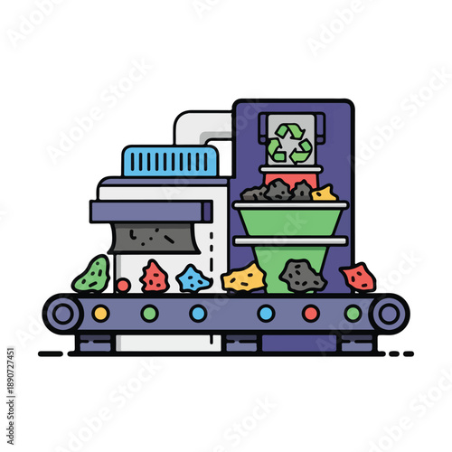 A cartoon recycling facility with conveyor belt