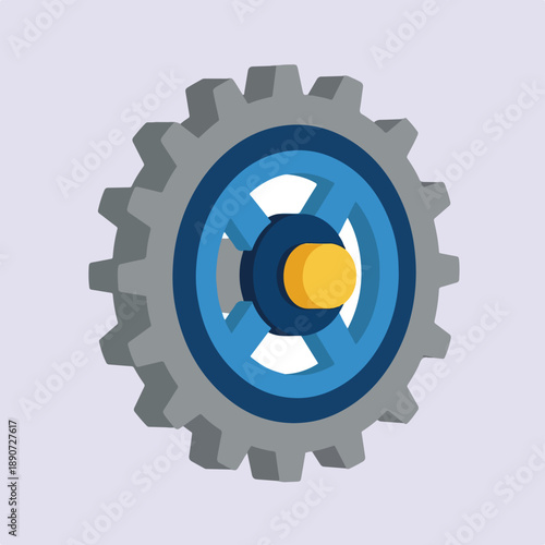 A vibrant 3D-style isometric illustration of a gray gear with a blue inner spoke design and a central yellow component on a light purple background.