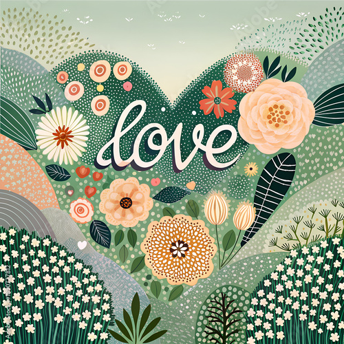 Happy Valentine's Day. Vector watercolor illustration of a heart made of petals, the word 