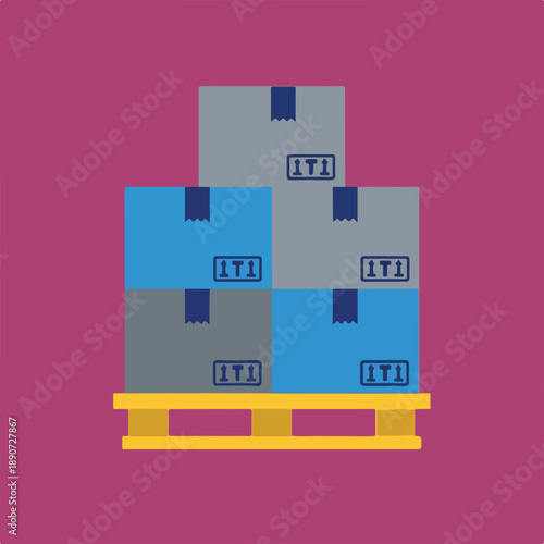 A stack of blue and grey cardboard boxes, marked with 'this way up' symbols and sealed with tape, rests on a yellow wooden pallet.