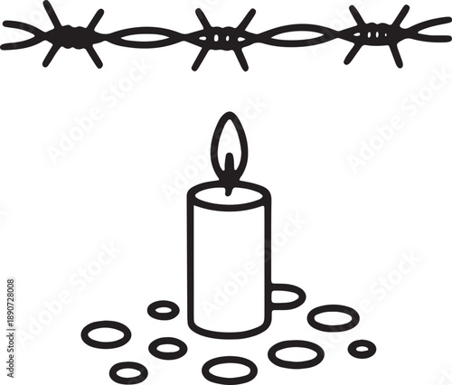 Barbed wire, candle, and small stones outline, flat design style. isolated on transparent background