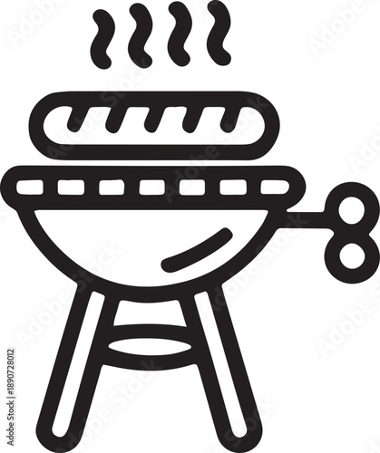 Barbecue grill with sausage and smoke outline icon, outdoor cooking and summer food