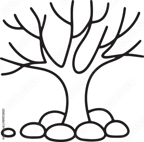Bare tree outline with stones, flat design style. isolated on transparent background