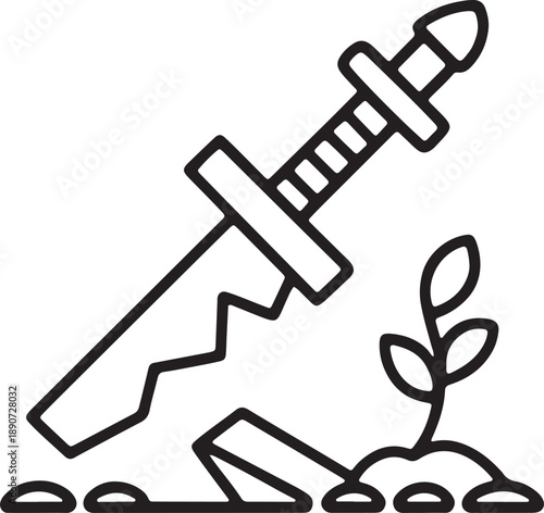 Broken sword stuck in ground with plant growing symbol of peace vector