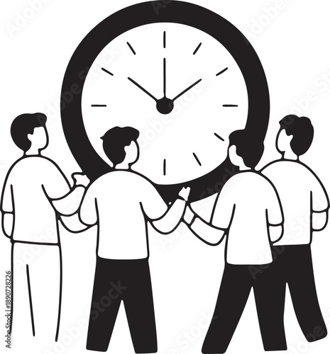 Group of people looking at giant clock representing time management and deadline concept art icon