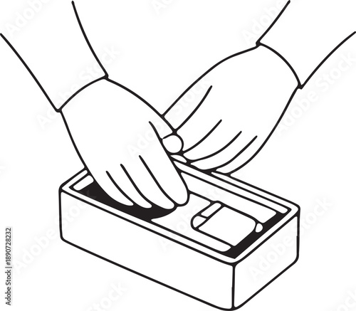 Hands opening box packaging or product unboxing concept in simple line art vector illustration
