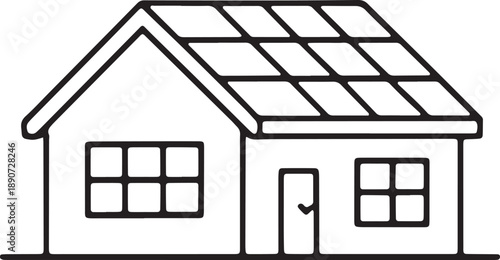 House with solar panels on roof simple residential building windows and door outline