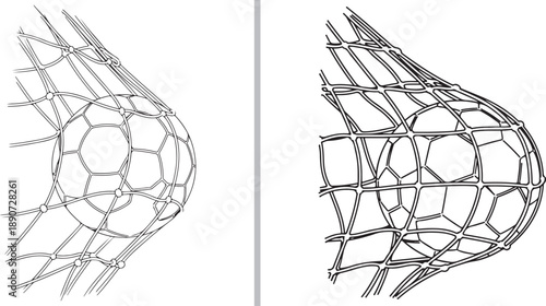 A set of two detailed vector illustrations showing a soccer ball hitting the back of the net. Captures the high-impact moment of a goal with realistic mesh tension and movement.