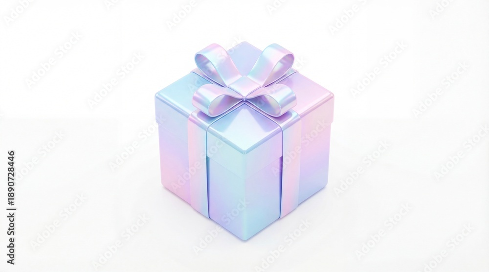 Obraz premium Iridescent Gift Box with Bow on White Background.