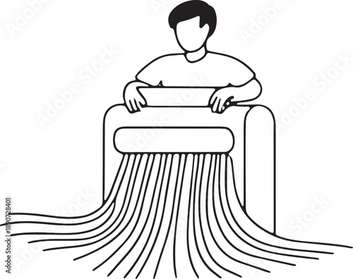 Person operating paper shredder outline icon, document destruction for privacy security