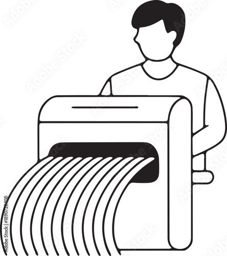 Person using paper shredder machine for document destruction and information security icon art
