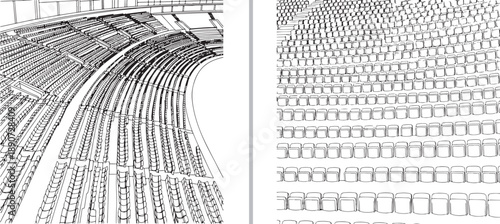 Detailed line art illustrations of stadium seating. The left panel shows a sweeping perspective of curved arena tiers, while the right provides a high-angle view of dense, repeating seat rows.