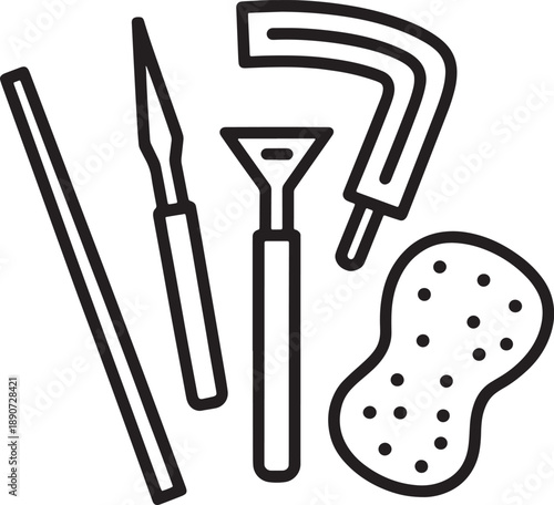 Pottery tool set featuring sculpting knife scraper wire cutter and porous sponge for clay work
