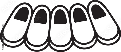 Row of black outline slippers on transparent background, home footwear concept
