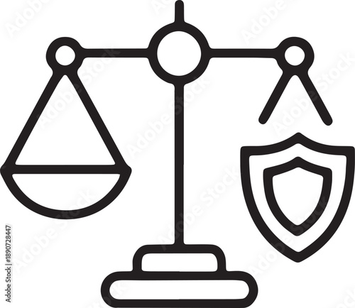 Scales of justice with shield outline black icon line illustration vector isolated on transparent background