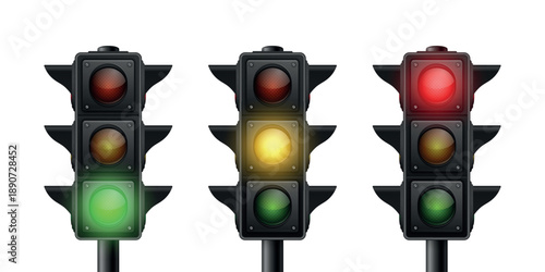 Vector 3d Realistic Traffic Light Set with Red Yellow Green Signals, Isolated. Stop and Go Concept. Road Safety Control Icon Collection. City Street Intersection Semaphore Illustration