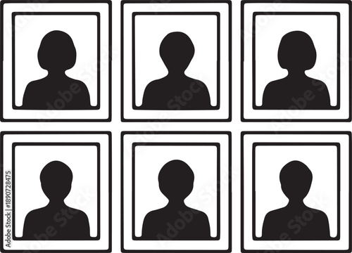 Six profile silhouettes in frames against transparent background for portraits