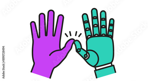 Cartoon High-Five Between Purple Human Hand and Teal Robot Hand Showcasing Human-Technology Collaboration