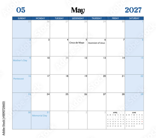 May Month 2027 Calendar Page with Holidays and Celebrations of the United States.