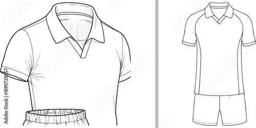 PrintA clean line-art vector template featuring a short-sleeved polo shirt and matching athletic shorts. Perfect for sports apparel mockups and custom uniform design.