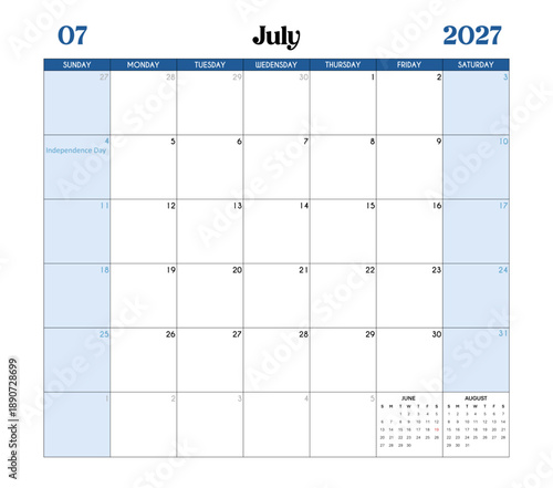 July Month 2027 Calendar Page with Holidays and Celebrations of the United States.