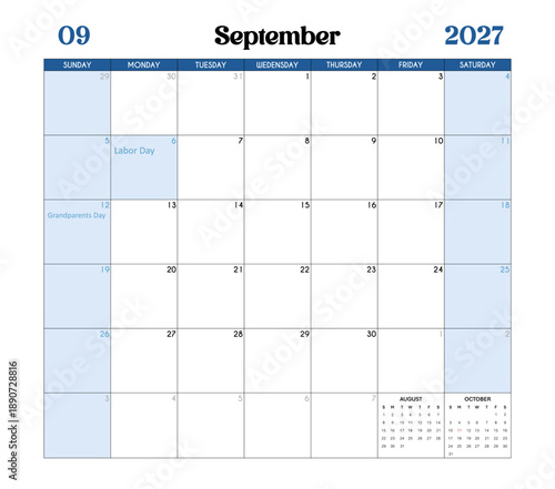 September Month 2027 Calendar Page with Holidays and Celebrations of the United States.