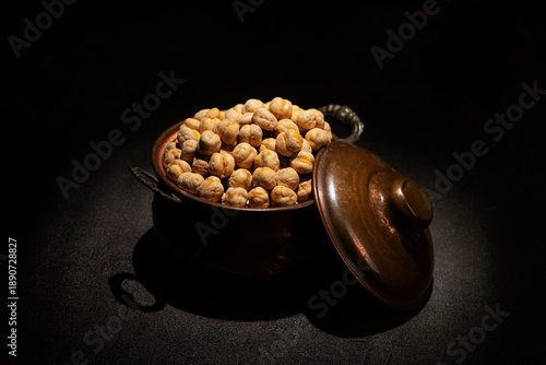 Roasted Salted Chickpeas in a vintage metallic pot