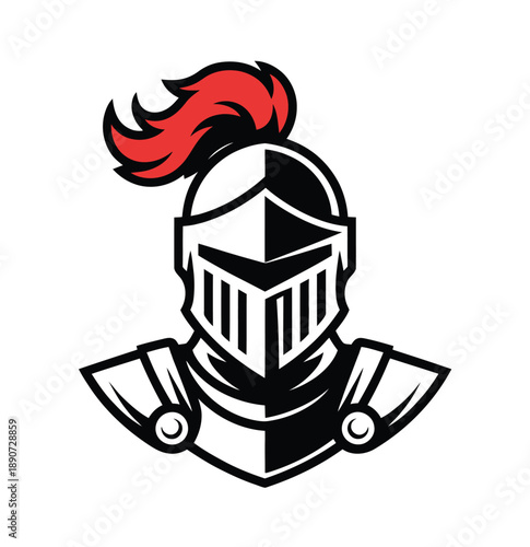 A knight's helmet with a red plume on a white background