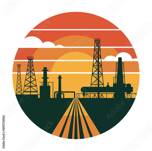 An illustration of an oil field at sunset with drilling towers and pipelines in a circular frame.