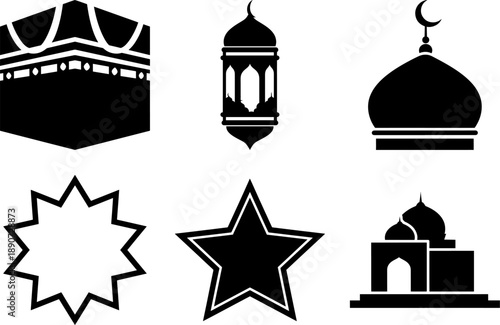 Collection of 6 Islamic Icons featuring Kaaba Silhouette Traditional Mosque Dome Ornate Lantern and Geometric Star Symbols for Religious Graphic Design