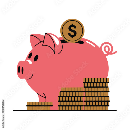A cartoon pink piggy bank with a coin on top and stacks of gold coins in front of it on a white background.