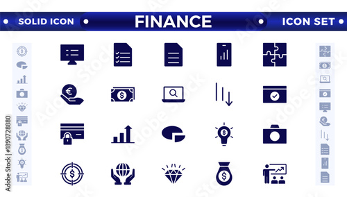 Finance solid icon set with money, bank, check, law, auction, exchange, payment, wallet, deposit, piggy, calculator, Business, Profit, Investment, Bank,  web icon.