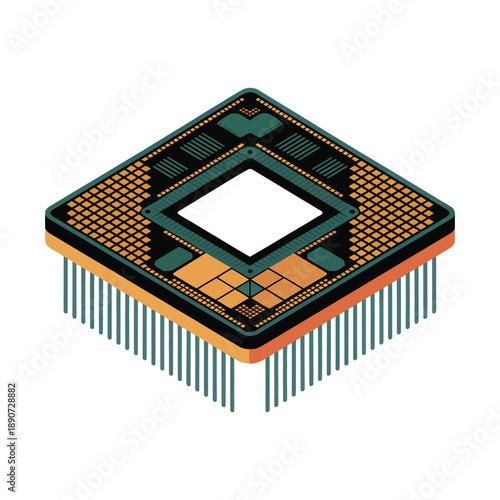 A computer chip with a green and orange design on a white background