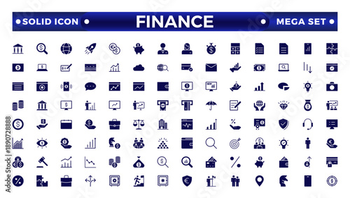 Finance solid icon set with money, bank, check, law, auction, exchange, payment, wallet, deposit, piggy, calculator, Business, Profit, Investment, Bank,  web icon.