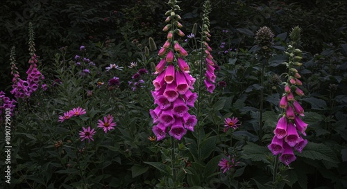Vibrant Pink Foxglove Flowers in Garden – Digitalis Purpurea Blooms for Cottagecore Aesthetics