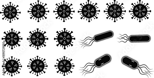 Black and White Vector Icon Set of Pathogenic Viruses and Bacteria Cells Representing Infection Microbiology Science and Healthcare Research Illustration